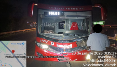 Ônibus com 21 pessoas colide com um bovino na Rodovia Washington Luís SP-310